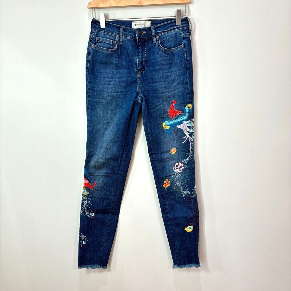 Free People Womens 26 Embroidered Jeans Peacock Florals Cropped Raw Hem